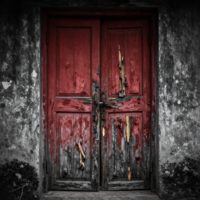 sebuah pintu kuno lapuk hitam merah yang tertutup 42844