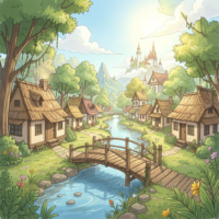 freepik sketsa surga dunia kota damai dengan rumah sederhana jembatan kayu langit cerah 0001