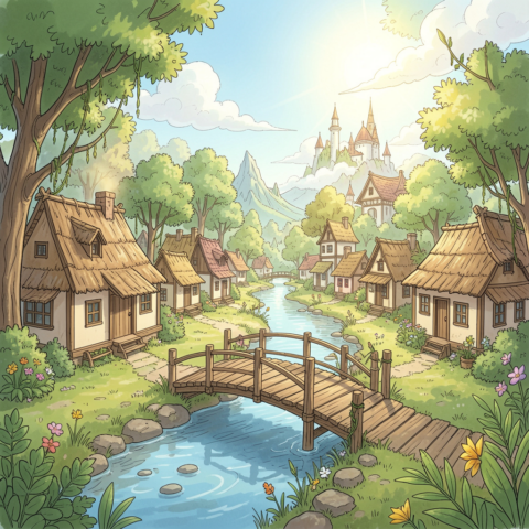 freepik sketsa surga dunia kota damai dengan rumah sederhana jembatan kayu langit cerah 0001