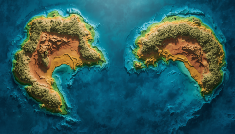 Cover artikel Gondwana dan Laurasia dengan pendekatan konseptual. Menampilkan dua massa daratan besar yang berbeda satu massa daratan besar di bagian selatan Gondwana dan satu massa daratan besar di ba