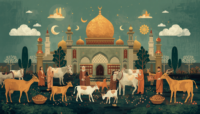 Cover artikel tentang Kurban Gotong Royong dan Simbol Ketahanan Ekonomi Masyarakat. Menampilkan suasana Idul Adha dengan hewan kurban kambing atau sapi masyarakat yang bergotong royong nuansa Islami