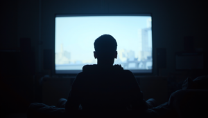 Siluet seseorang dari belakang duduk atau berbaring menghadap layar TV besar yang menyala di ruangan gelap cahaya layar menerangi ruangan suasana malam yang tenang komposisi sinematik nuansa moody den e1781260017725