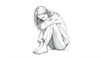Sketsa ekspresif perempuan duduk merunduk dengan lutut ditekuk dipeluk ke dada postur tertutup dan sopan mengenakan pakaian tertutup gaya line art dengan goresan tegas ekspresi menunjukkan kelelahan e