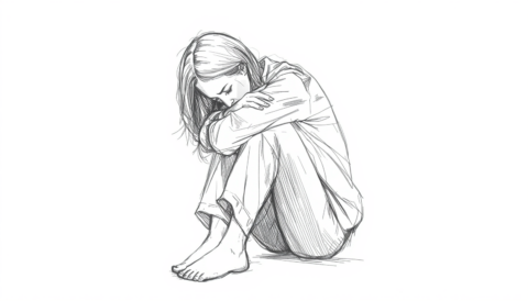 Sketsa ekspresif perempuan duduk merunduk dengan lutut ditekuk dipeluk ke dada postur tertutup dan sopan mengenakan pakaian tertutup gaya line art dengan goresan tegas ekspresi menunjukkan kelelahan e
