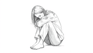 Sketsa ekspresif perempuan duduk merunduk dengan lutut ditekuk dipeluk ke dada postur tertutup dan sopan mengenakan pakaian tertutup gaya line art dengan goresan tegas ekspresi menunjukkan kelelahan e e1781260409147