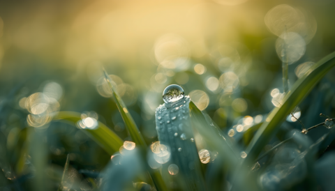 exquisite macro photography closeup of Foto close up embun pagi di atas daun atau rumput tetesan air yang memantulkan cahaya lembut pagi bokeh natural di background cahaya golden hour yang hangat kompo
