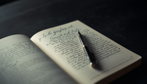 minimalist photography style of Komposisi minimalis buku terbuka atau kertas dengan tulisan tangan pena di sampingnya pencahayaan lembut dramatis gaya fotografi dengan depth of field nuansa melankolis