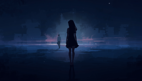 a stunning illustration of Ilustrasi animasi dengan gaya digital art komposisi dengan satu siluet wanita di foreground berdiri diam sendirian menatap ke depan satu siluet pria jauh di background sedang b e1782870223250