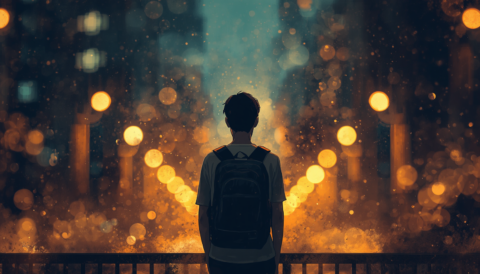 a stunning illustration of Ilustrasi untuk artikel puisi seorang remaja sendirian berdiri dengan background citylight atau lampu kota di malam hari cahaya kota yang hangat dan berwarna oranye kekuningan
