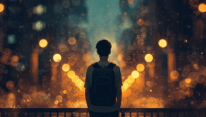 a stunning illustration of Ilustrasi untuk artikel puisi seorang remaja sendirian berdiri dengan background citylight atau lampu kota di malam hari cahaya kota yang hangat dan berwarna oranye kekuningan e1782871541357