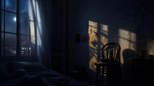 Fotografi editorial moody untuk ilustrasi artikel puisi bertema setelah tengah malam suasana kamar atau ruangan yang sunyi larut malam cahaya bulan redup masuk dari jendela bayangan panjang di dinding e1786443780899