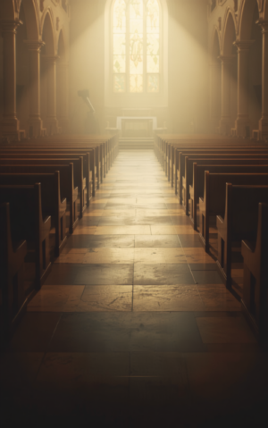 Solemn Church Aisle with Deep Blue Stained Glass e1787567389460